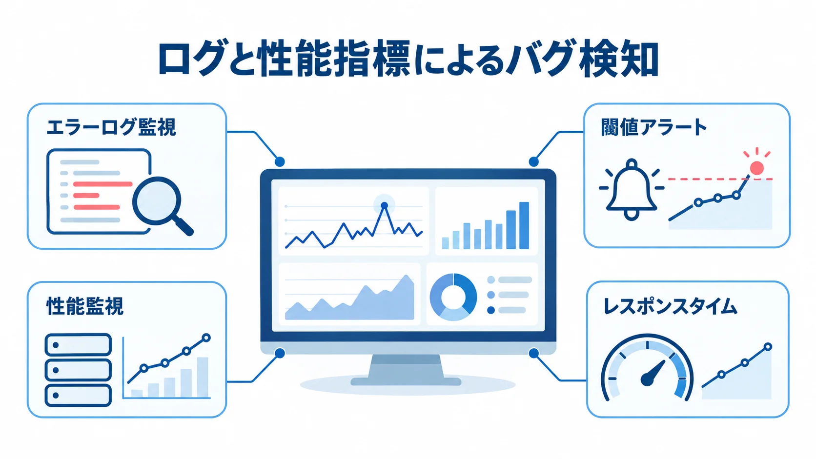 エラーログと性能監視によるバグ検知の対象 監視画面を中心に、エラーログ監視、閾値アラート、性能監視、レスポンスタイムを示す図解