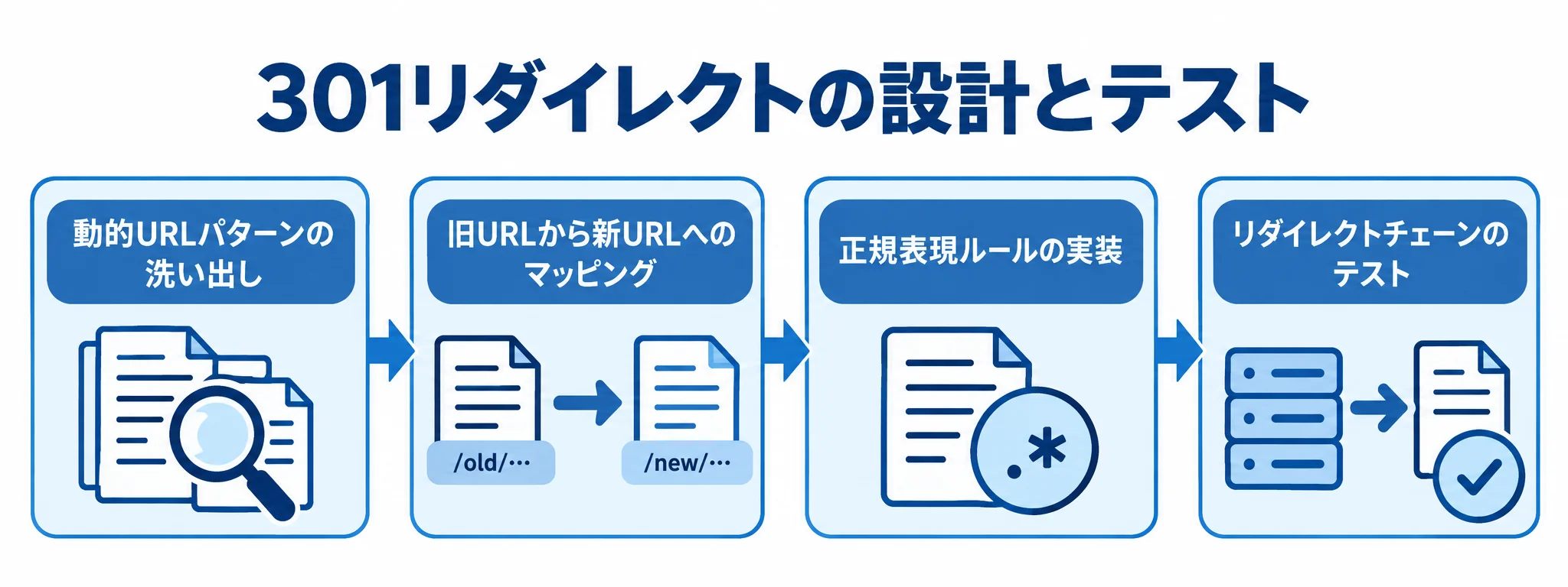 301リダイレクトマッピングの設計工程 動的URLパターンの洗い出しから、旧URLと新URLのマッピング、正規表現ルールの実装、リダイレクトチェーンのテストへ進む図。