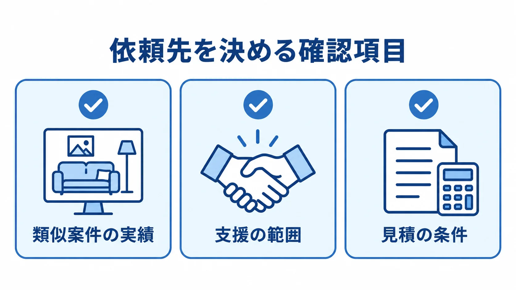 依頼先を決める際に確認する類似案件の実績、支援の範囲、見積の条件。