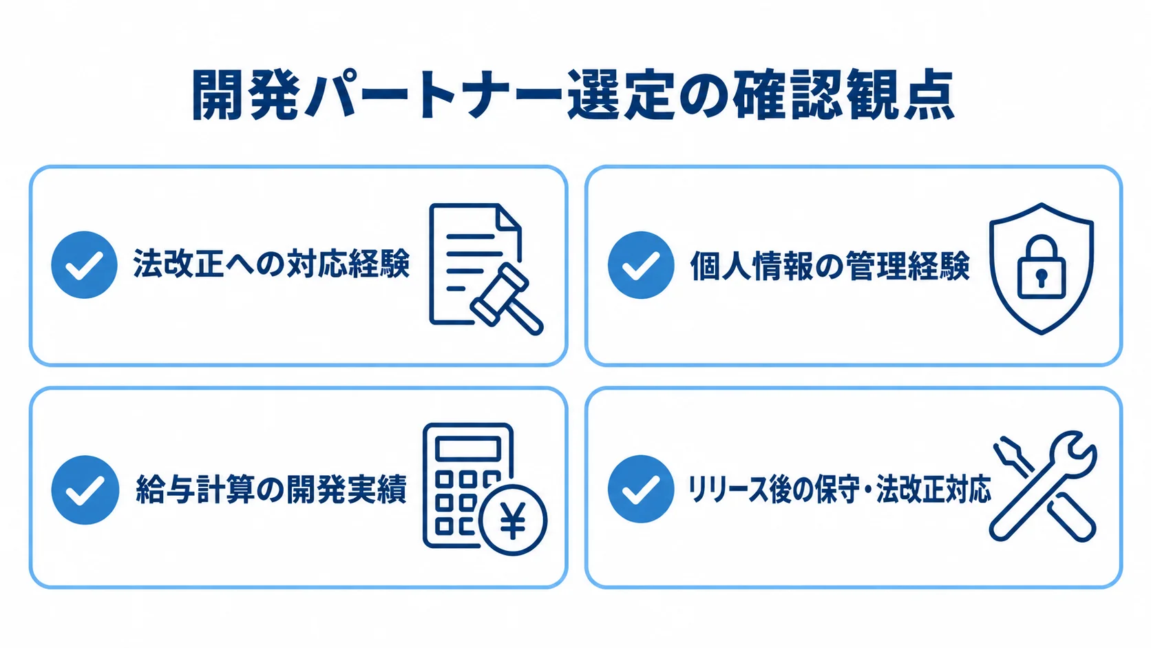 給与計算システムの開発パートナーを選ぶ際の確認観点を、法改正、個人情報、開発実績、保守の4項目で示したチェック図。