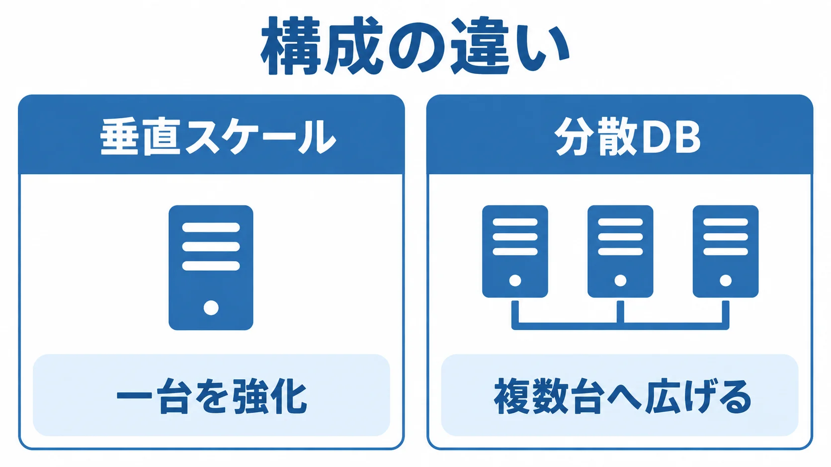 垂直スケールと分散DBの構成比較 垂直スケールの一台を強化する構成と、分散DBの複数台へ広げる構成を左右で比較した図
