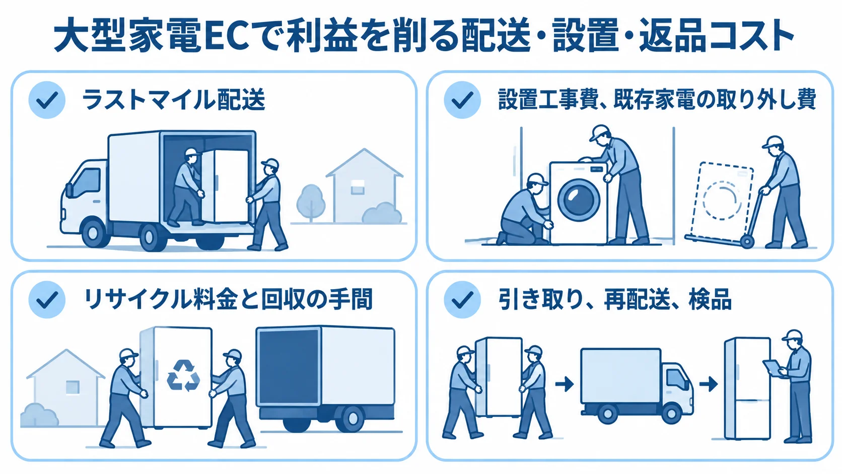大型家電ECで利益を圧迫するラストマイル配送、設置、リサイクル、返品時の費用項目を並べた図。