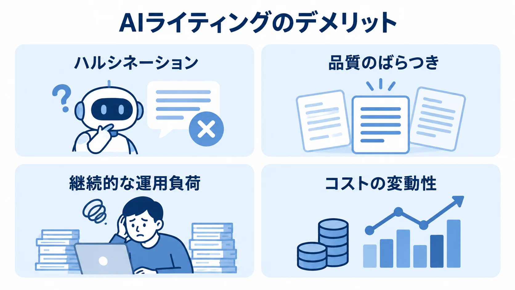 AIライティング導入前に把握する4つのデメリット AIライティングのデメリットとして、ハルシネーション、品質のばらつき、運用負荷、コスト変動を並べた図。