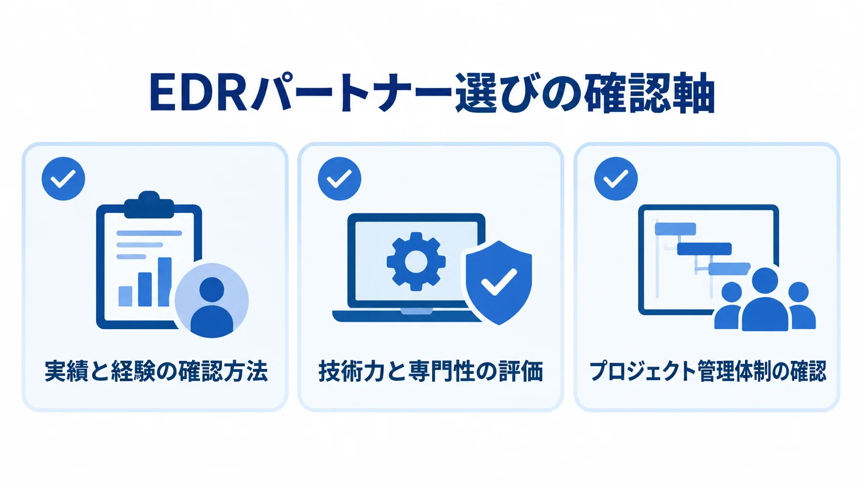 EDRパートナーを比較する3つの確認軸を示す図。 EDRパートナー選びの確認軸として、実績と経験、技術力と専門性、プロジェクト管理体制を並べた図。