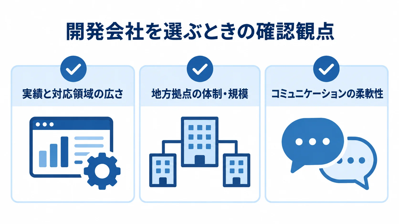 ニアショア開発会社の選定ポイントをまとめたチェックリスト 開発会社の選定時に確認する実績と対応領域、地方拠点の体制、連携の柔軟性を並べたチェックリスト。