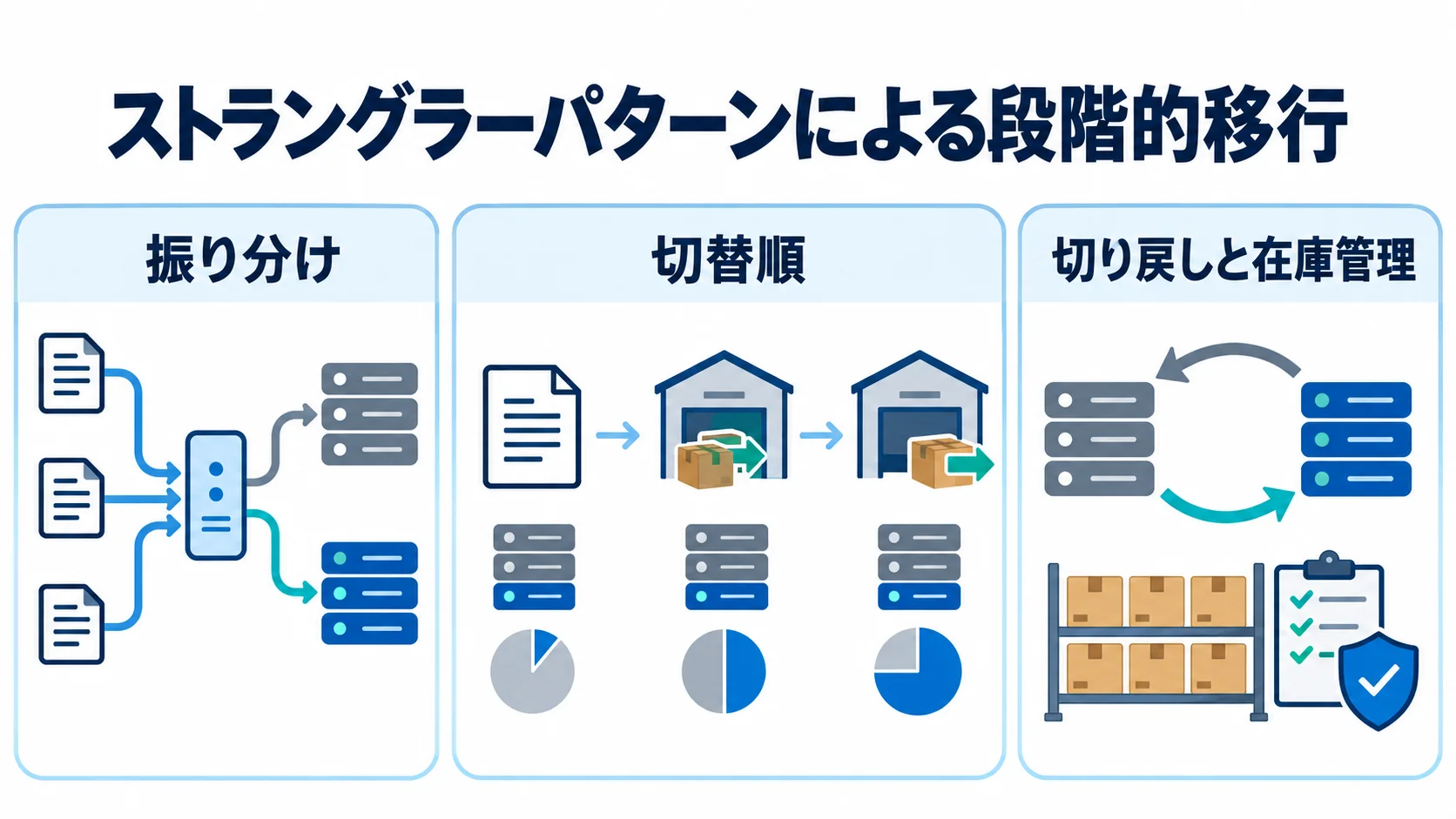 振り分け、切替順、切り戻しと在庫管理の3つの観点から段階的移行を示す図。