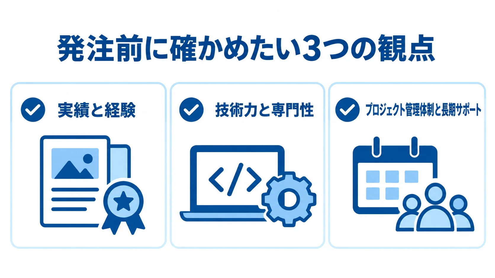 実績と経験、技術力と専門性、プロジェクト管理体制と長期サポートを並べた3つのパネル図。