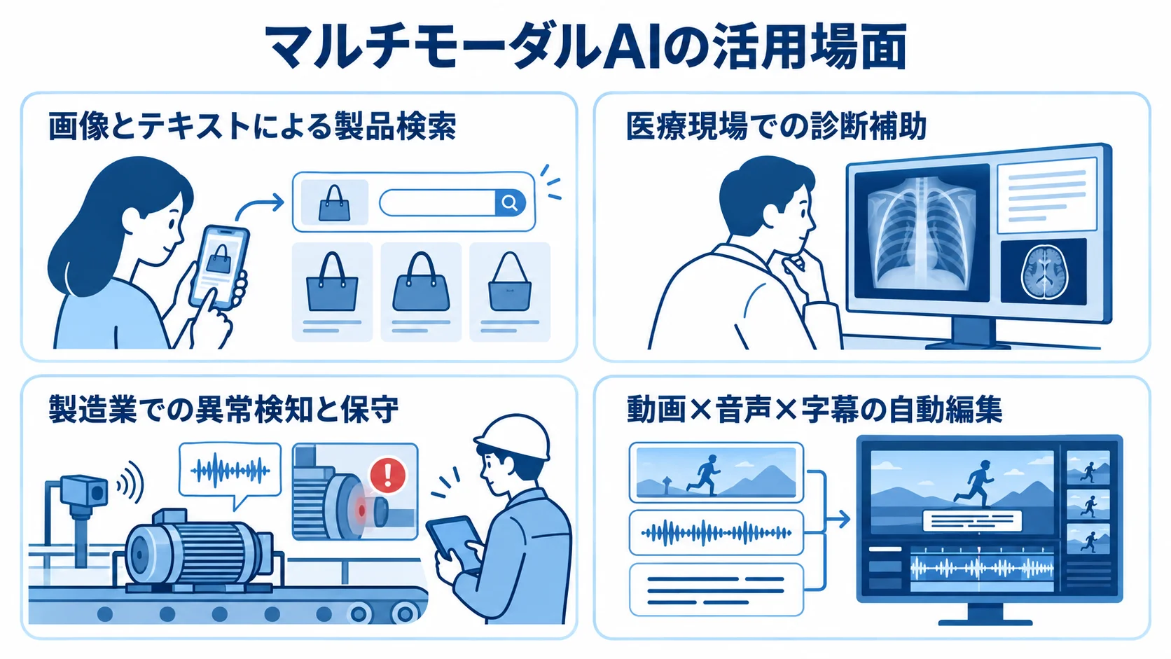 マルチモーダルAIの活用例 製品検索、医療現場の診断補助、製造業の異常検知と保守、動画の自動編集を並べた活用例