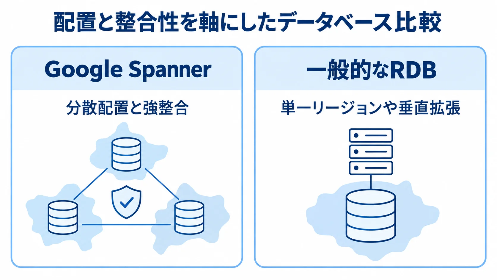Google Spannerの分散配置と強整合を、一般的なRDBの単一リージョンや垂直拡張と左右で比べた図。