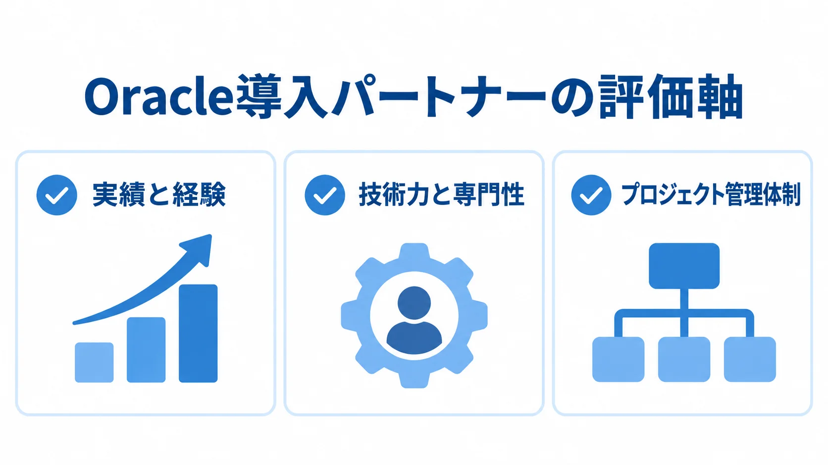 Oracle導入パートナー選びの3つの評価軸 Oracle導入パートナーの評価軸として実績と経験、技術力と専門性、プロジェクト管理体制を並べた図