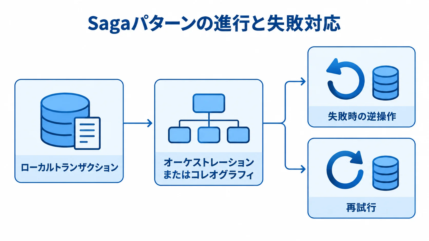 Sagaパターンの進行と失敗時の対応 ローカルトランザクションをオーケストレーションまたはコレオグラフィで進め、失敗時に逆操作や再試行を行う流れの図。