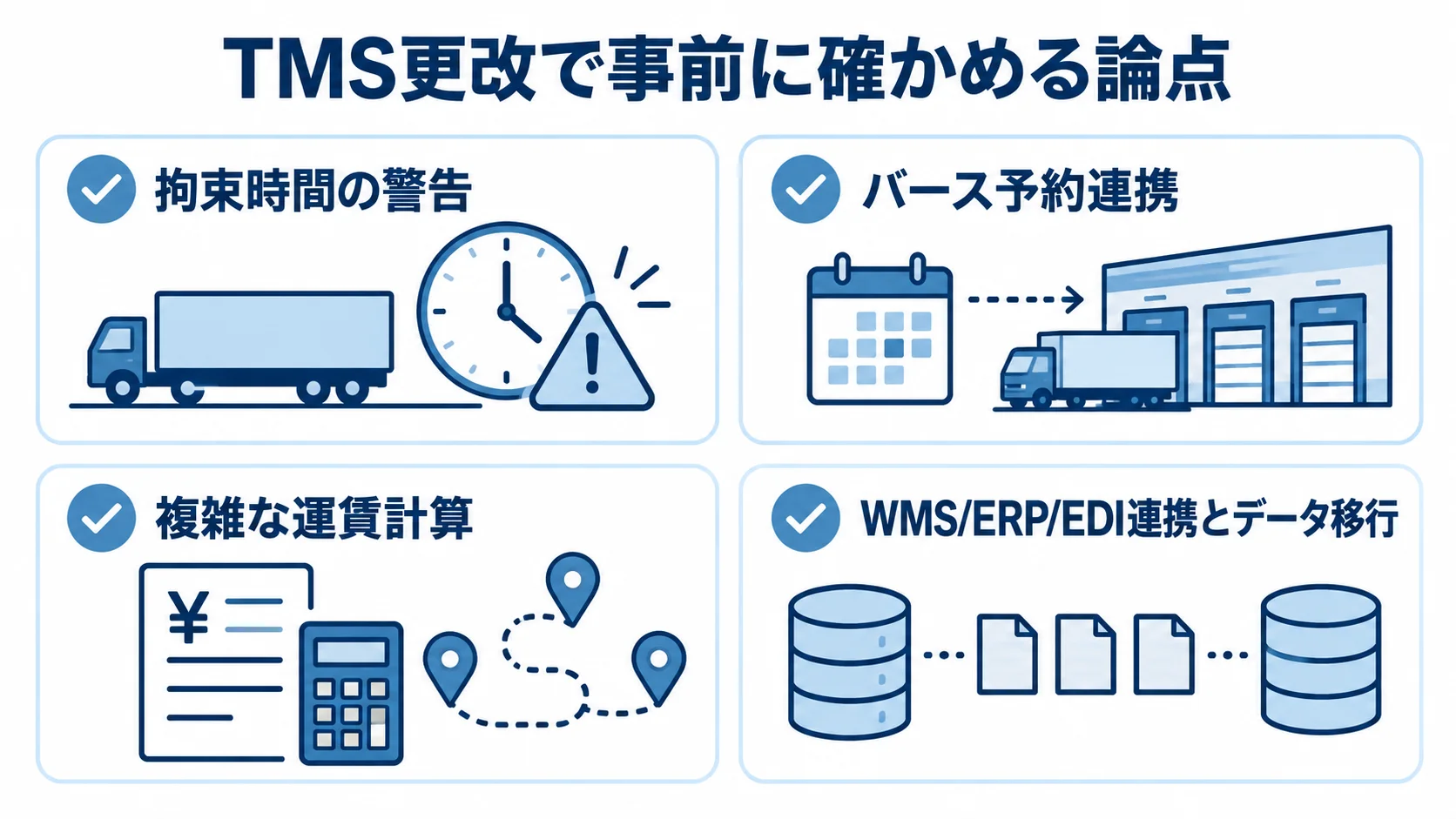 TMS更改で事前に確かめる4つの論点 TMS更改時の確認事項として、拘束時間の警告、バース予約連携、複雑な運賃計算、WMS・ERP・EDI連携とデータ移行を並べたチェックリスト。