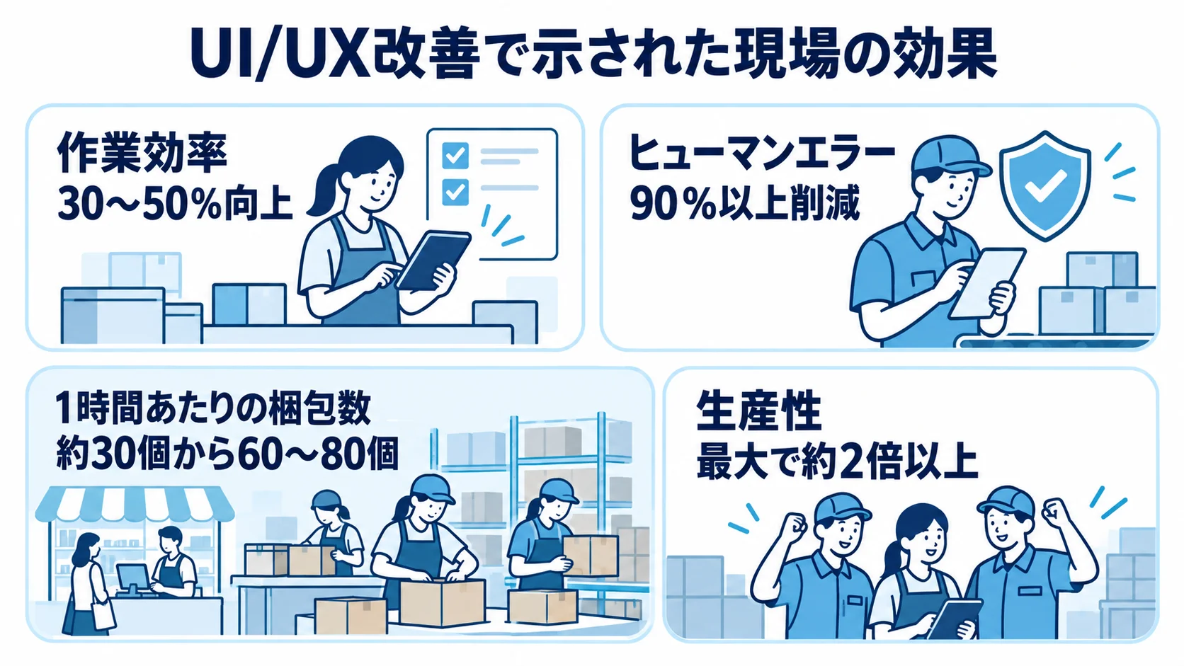 UI/UX改善で示された作業効率と生産性の変化 UI/UX改善について、作業効率、ヒューマンエラー、1時間あたりの梱包数、生産性の数値を並べた図解。