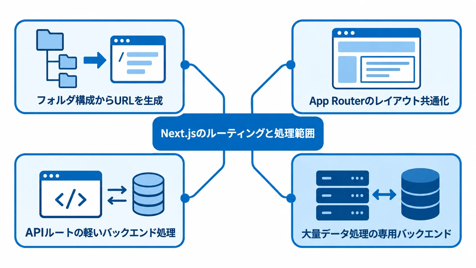 Next.jsのルーティングとバックエンド処理 Next.jsを中心に、フォルダ構成からのURL生成、App Router、APIルート、専用バックエンドの役割を配置した図。