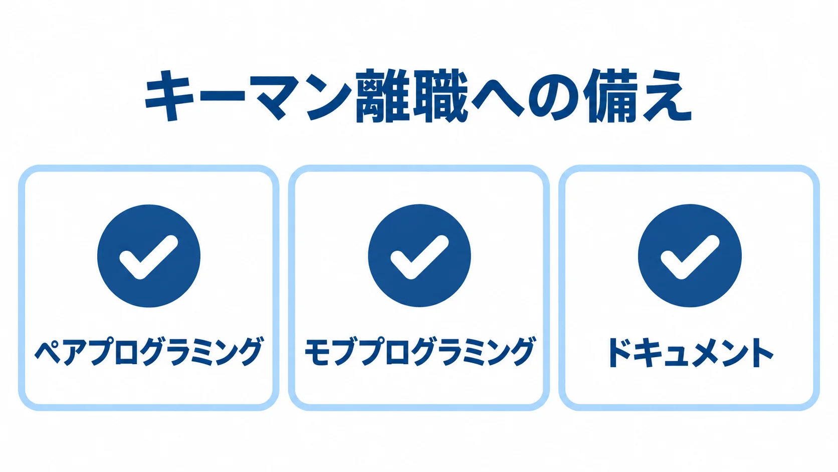 キーマン離職に備える対策の図 キーマン離職に備える三つの対策をカードで示した図です。