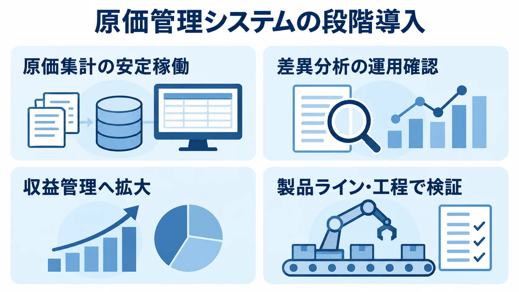 原価管理システムを段階導入する流れの図 原価集計、差異分析、収益管理へ順に機能を広げ、製品ラインや工程で検証する段階導入のパネル図。
