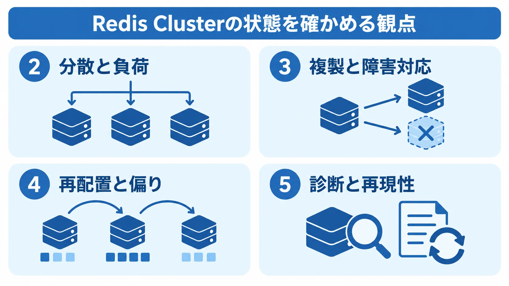 Redis Clusterを評価する4つの観点 Redis Clusterの状態確認に使う分散と負荷、複製と障害対応、再配置と偏り、診断と再現性の4観点を示す図