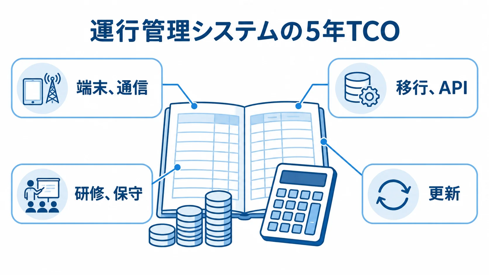 中央の5年TCOに、端末・通信、移行・API、研修・保守、更新の費用項目が結び付いた図。