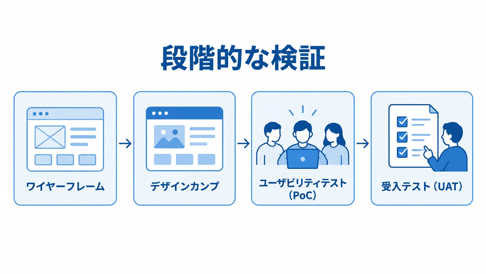 試作品から受入テストまでの検証段階 ワイヤーフレームからデザインカンプ、ユーザビリティテスト、受入テストへ進む検証の流れ