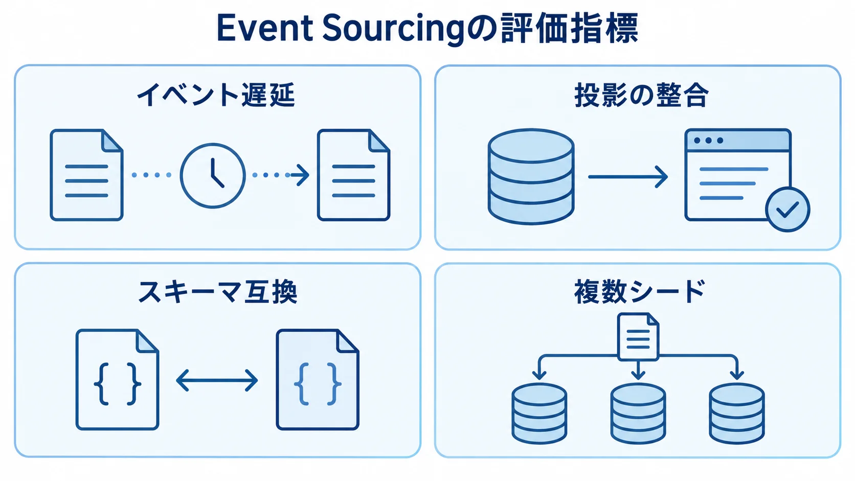 イベント遅延、投影の整合、スキーマ互換、複数シードを並べたEvent Sourcingの評価指標図。