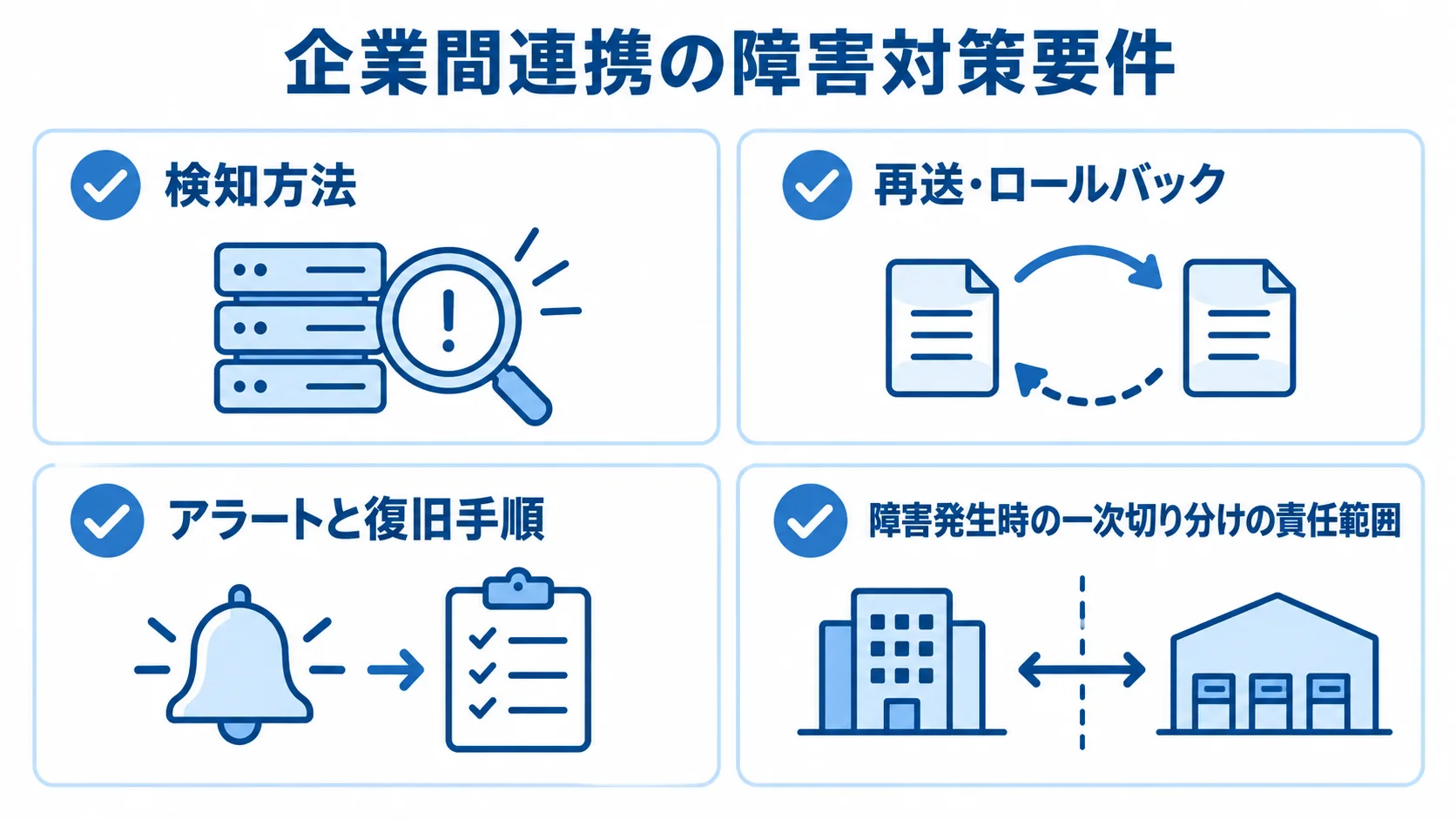 企業間連携の障害対策として、検知、再送やロールバック、アラートと復旧、一次切り分けの責任範囲を並べた図解。