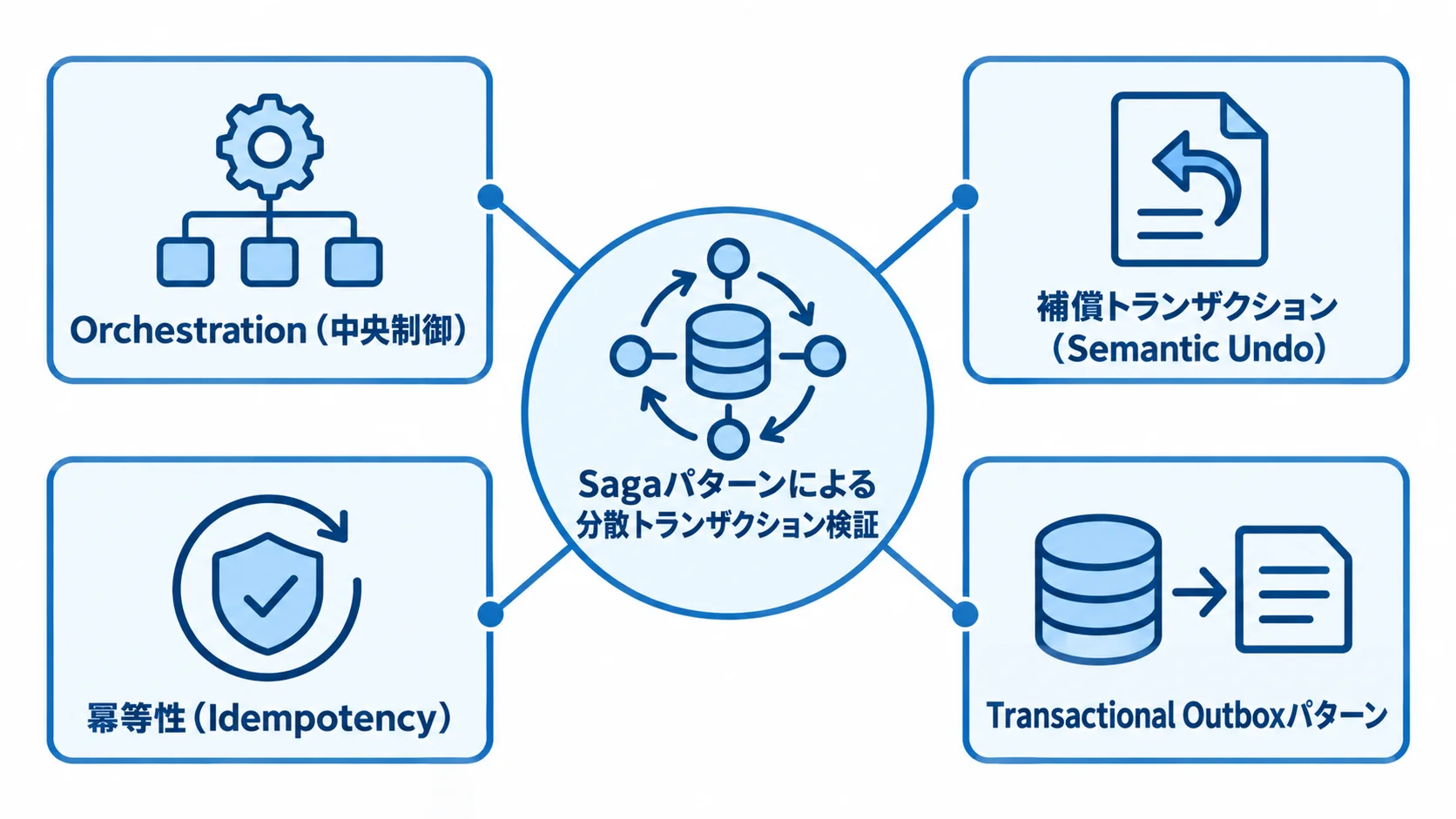 購買承認後の分散処理で検証する仕組み Sagaパターンを中央に置き、中央制御、補償処理、冪等性、Transactional Outboxを周囲に配した図