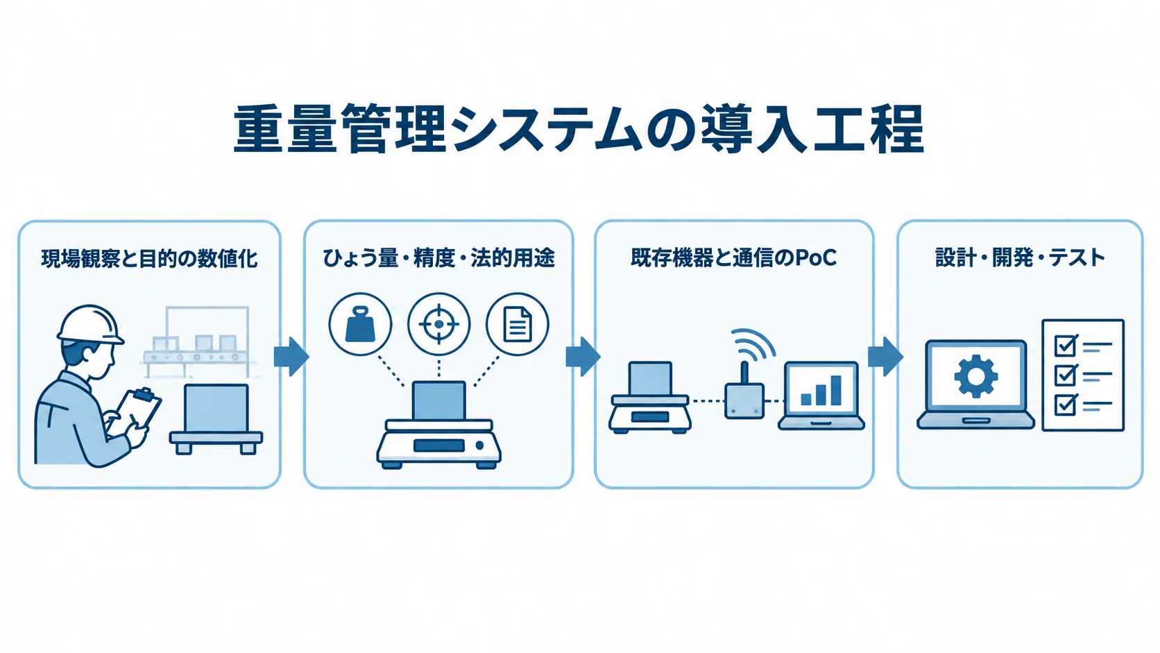 重量管理システムの導入工程を示す図 現場観察から計量条件の確定、PoC、設計・開発・テストへ進む流れ図。
