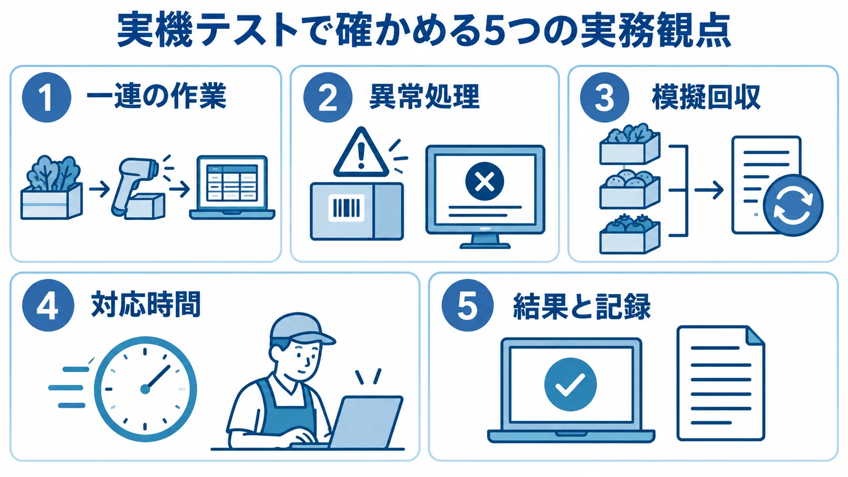 実機テストで確認する5つの実務観点 原材料トレーサビリティの実機テストで確認する一連の作業、異常処理、模擬回収、対応時間、結果と記録の5観点を並べた図