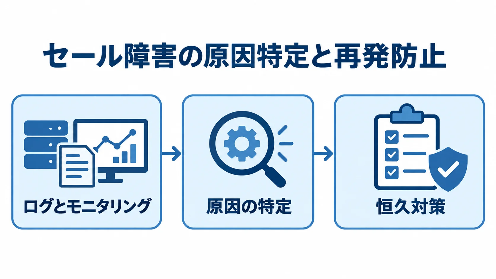 ログとモニタリングから障害原因を特定し、恒久対策へ進む流れを示す図解。