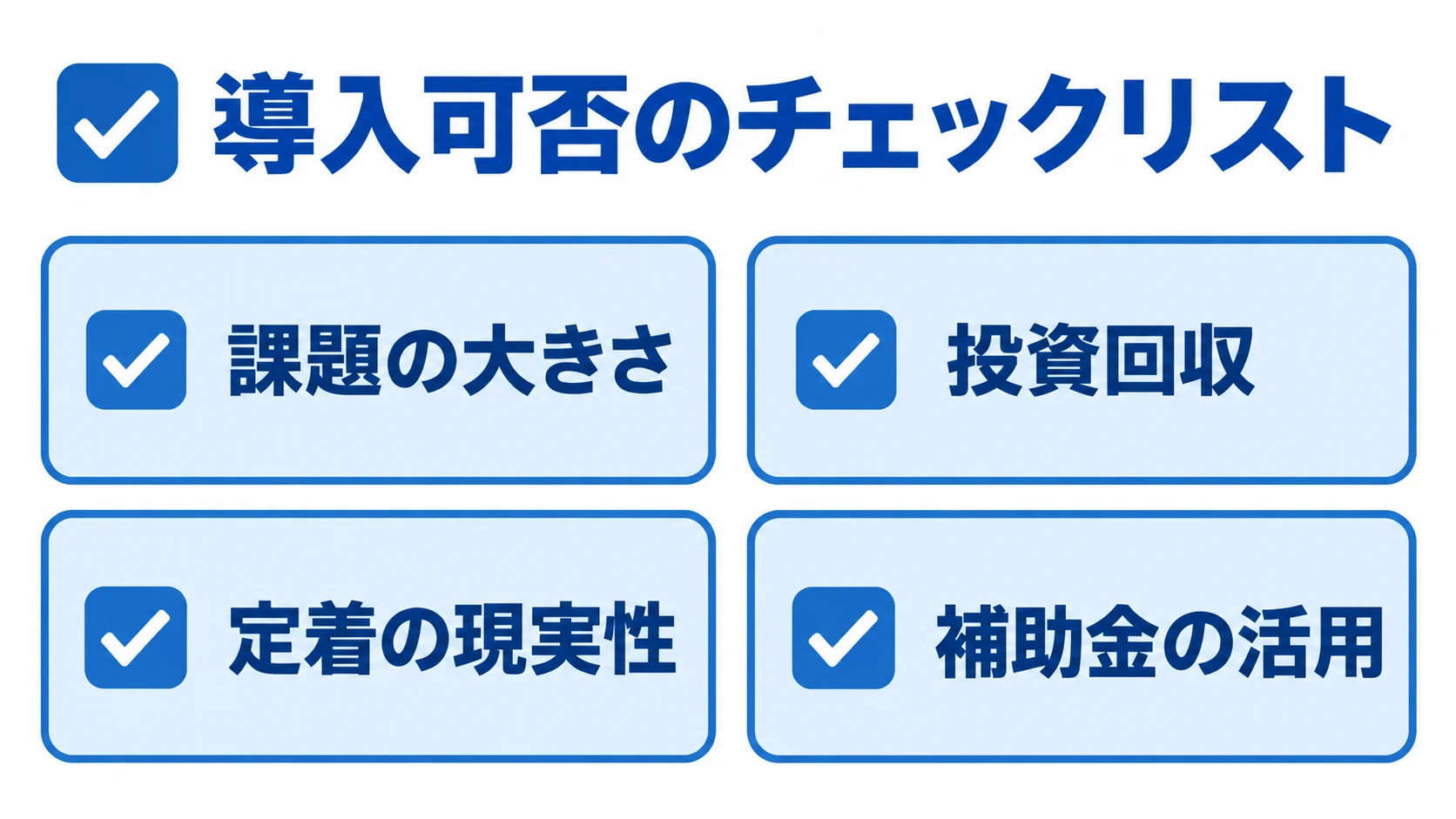 PMS導入可否を判断する4つのチェック項目 PMSの導入可否を、課題の大きさ、投資回収、定着の現実性、補助金の活用の4項目で確認する図。