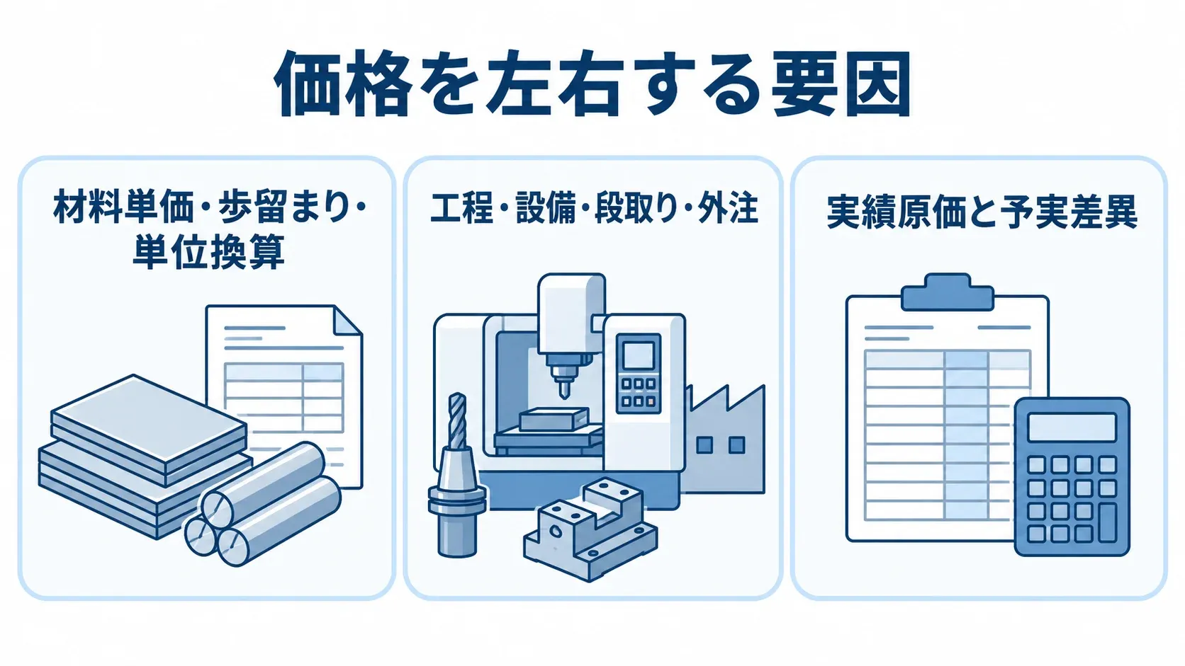 見積原価の価格を左右する3つの要因 材料単価・歩留まり・単位換算、工程・設備・段取り・外注、実績原価と予実差異の3領域を並べた図。