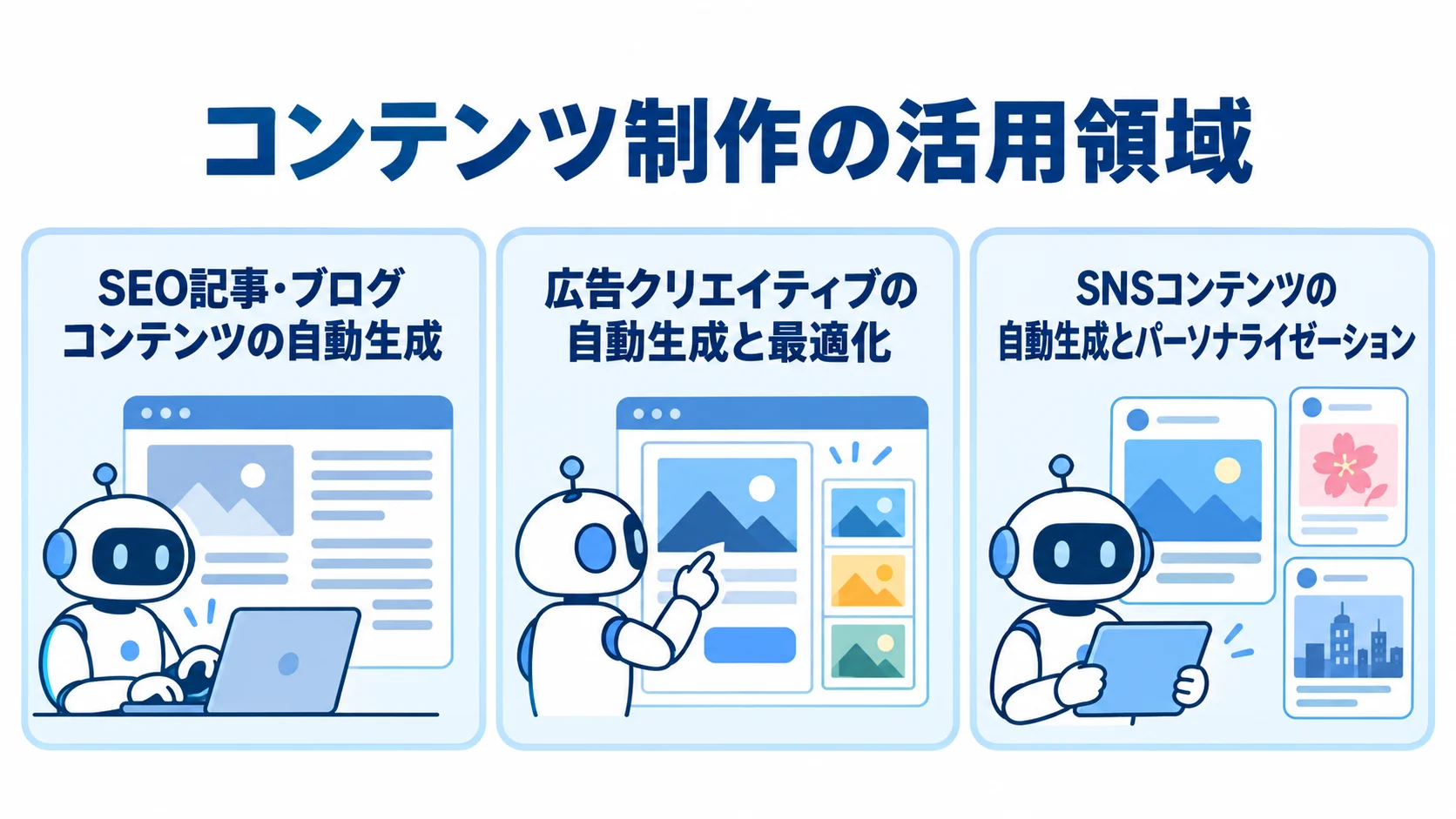 コンテンツ制作での活用領域を、SEO記事・ブログ、広告クリエイティブ、SNSコンテンツの3パネルで示した図。