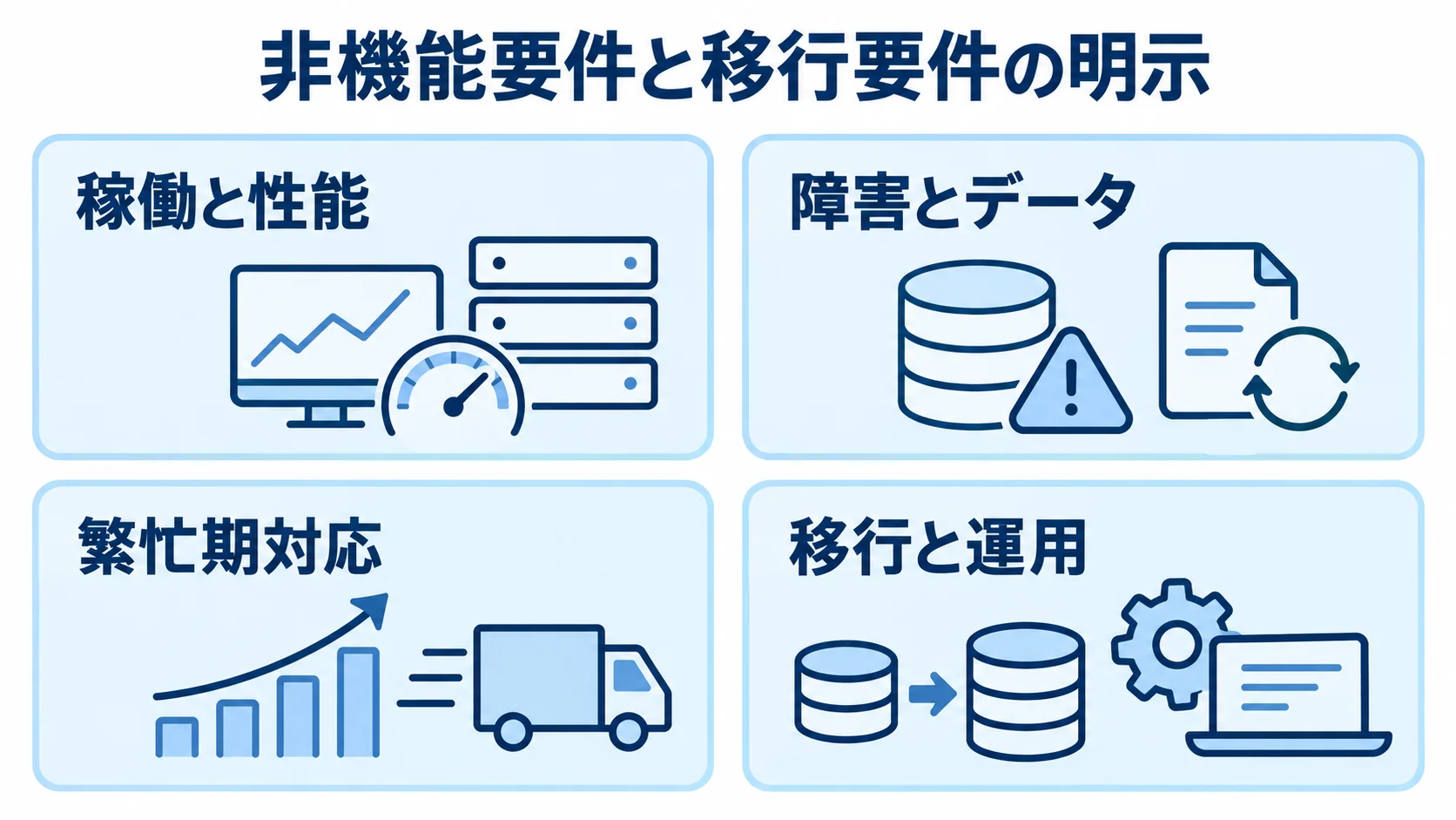 配送管理システムの要件定義で確認する非機能要件と移行・運用 配送管理システムの非機能要件を、稼働と性能、障害とデータ、繁忙期対応、移行と運用の4項目で整理した図解。