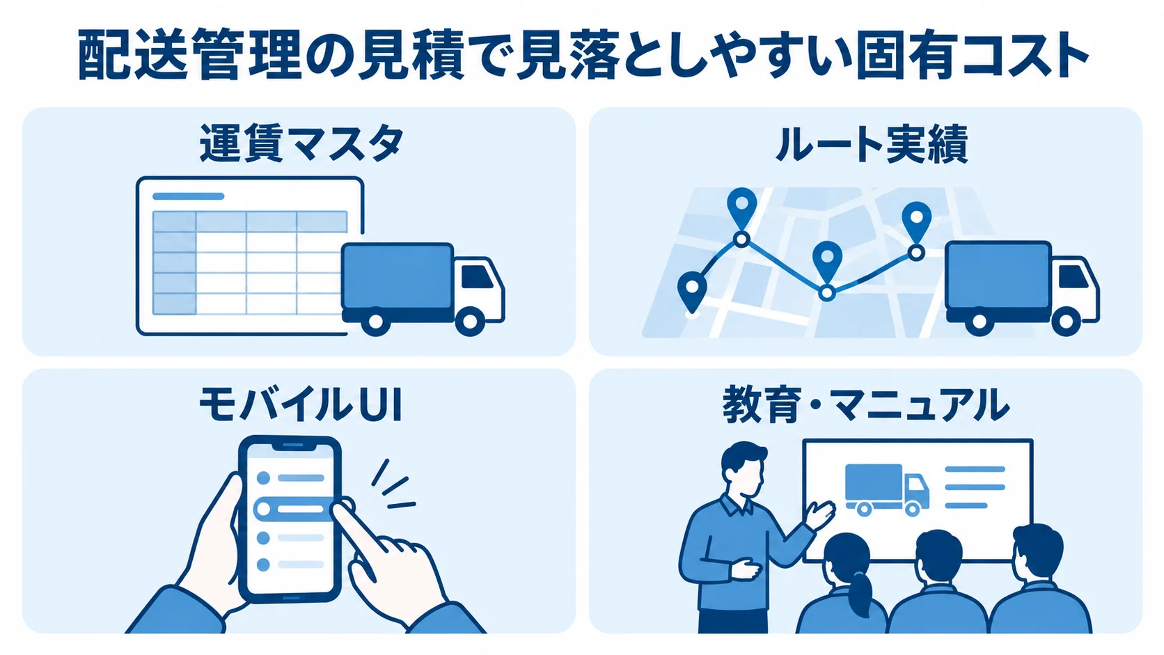 配送管理システムの見積で考慮する固有コストを並べた図。 運賃マスタ、ルート実績、モバイルUI、教育・マニュアルを4つのパネルに並べた図。
