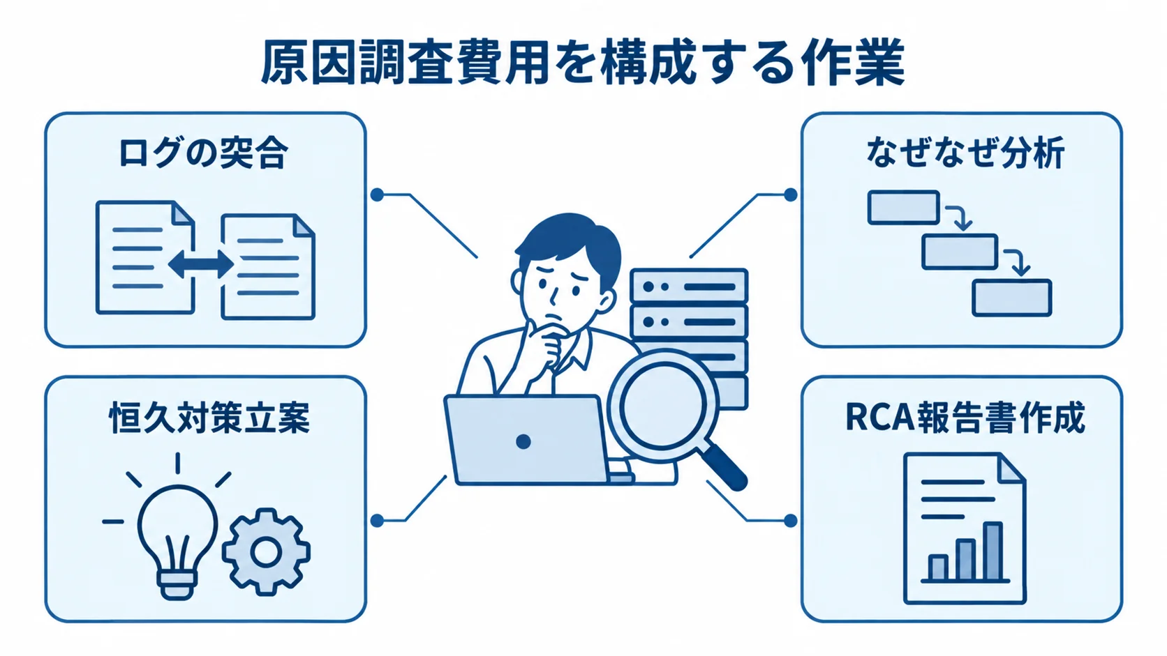 原因調査費用を構成する4つの作業要素 原因調査費用に関わるログ解析、分析、対策立案、報告書作成を示す図解