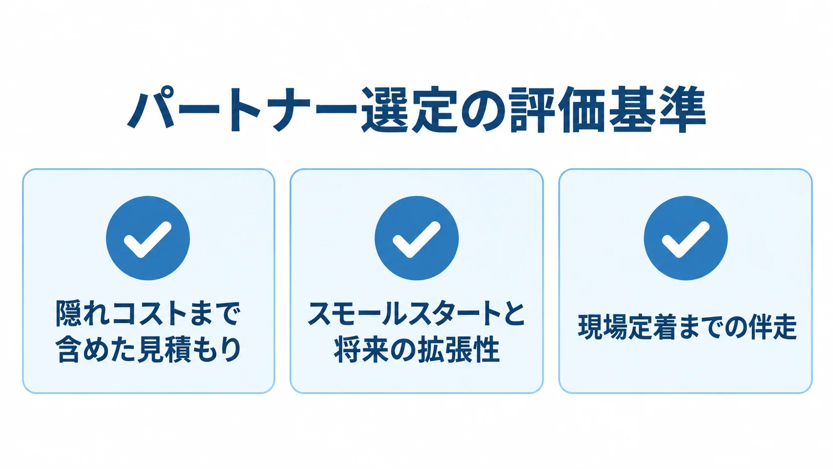 パートナー選定で確認する3つの評価基準 配車・物流管理システム移行のパートナー選定で確認する、隠れコストまで含めた見積もり、スモールスタートと将来の拡張性、現場定着までの伴走を示すチェックリスト。