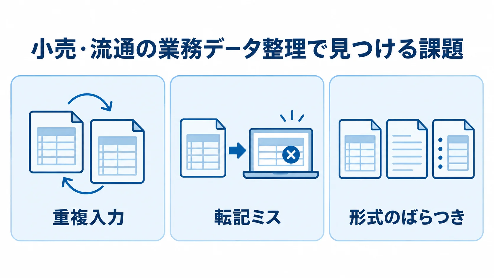 小売・流通の業務データ整理で見つける重複入力、転記ミス、形式のばらつきの3課題