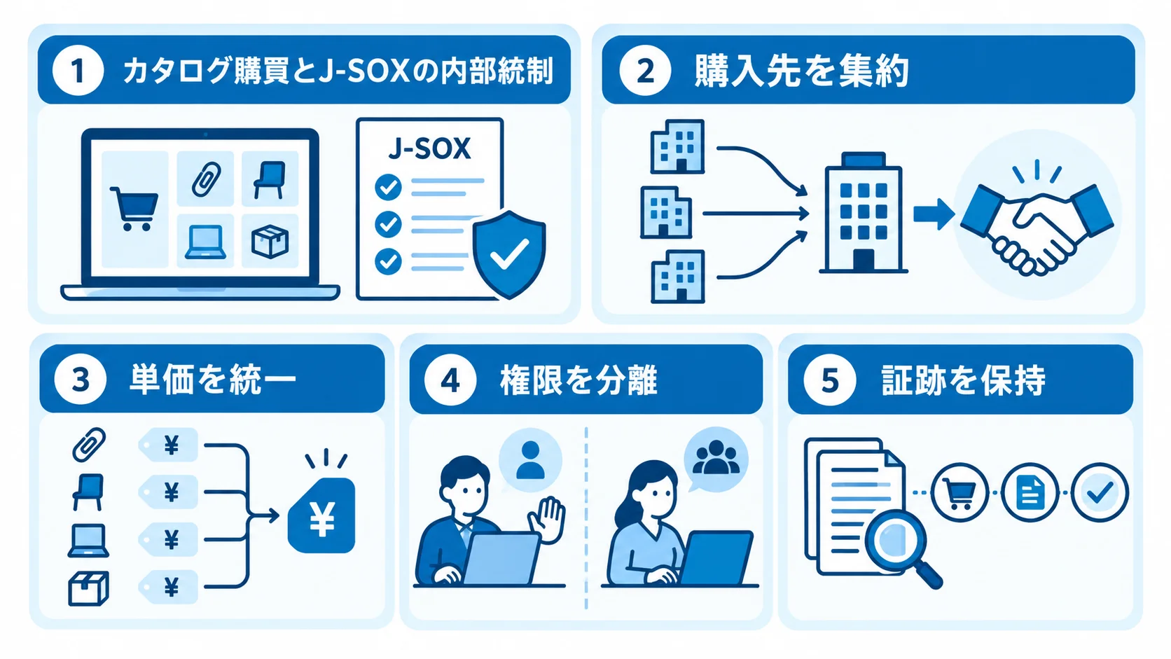 間接材の購買統制とJ-SOX対応 購入先と単価の統一、権限分離、証跡保持を並べた購買統制の図