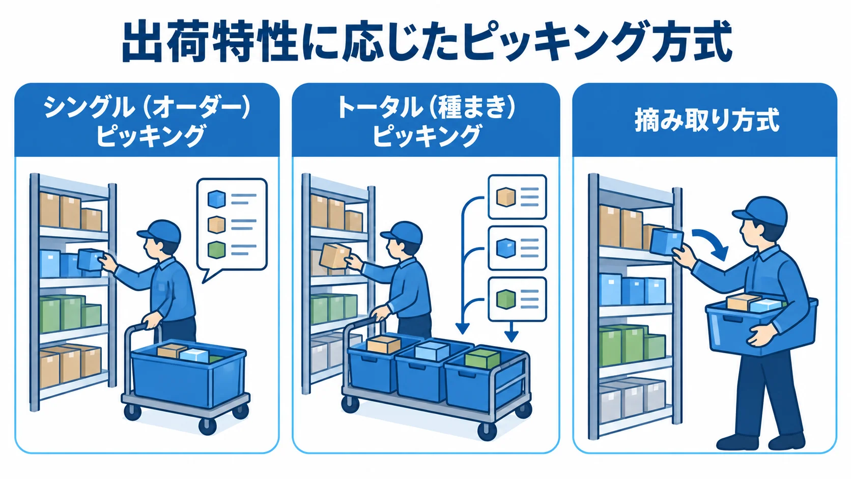 倉庫のピッキング方式の見取り図 シングル、トータル、摘み取りの各ピッキング方式をカードで並べた図解。
