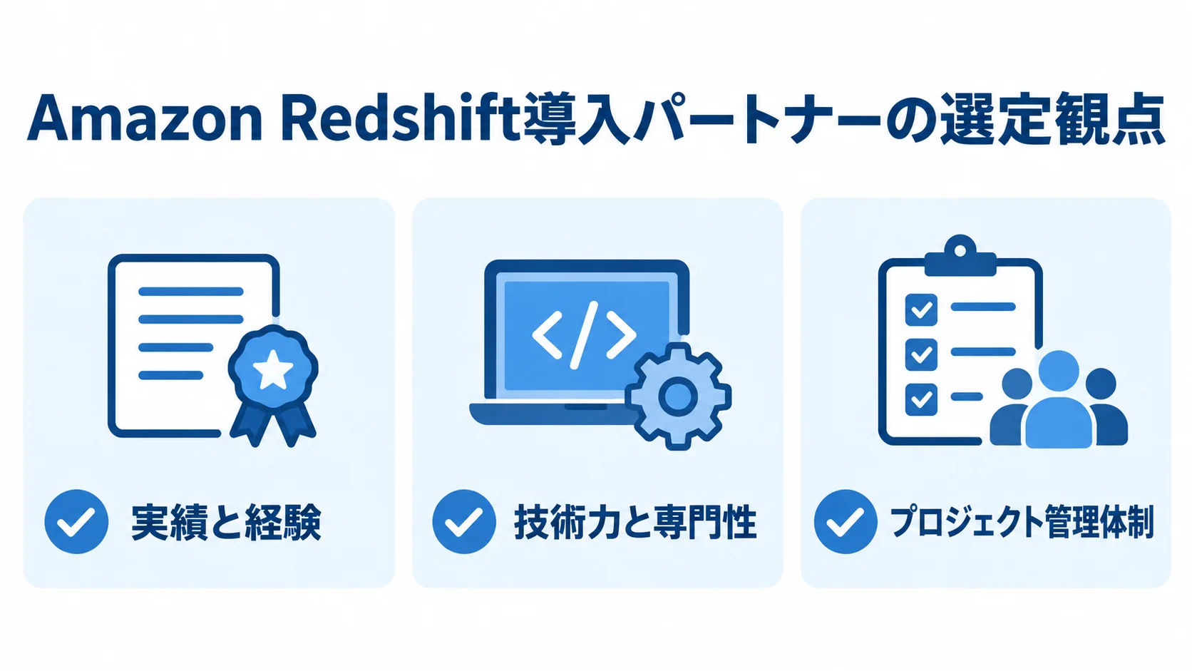 Amazon Redshift導入パートナーを選ぶ観点として、実績と経験、技術力と専門性、プロジェクト管理体制を並べたチェックリスト。