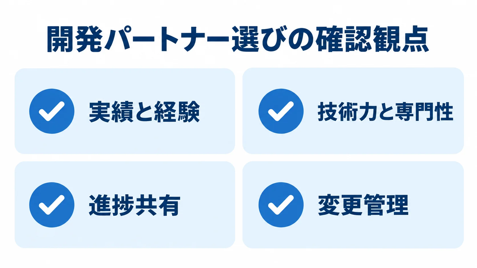 開発パートナー選びの確認観点を4枚のチェックカードに整理した図解