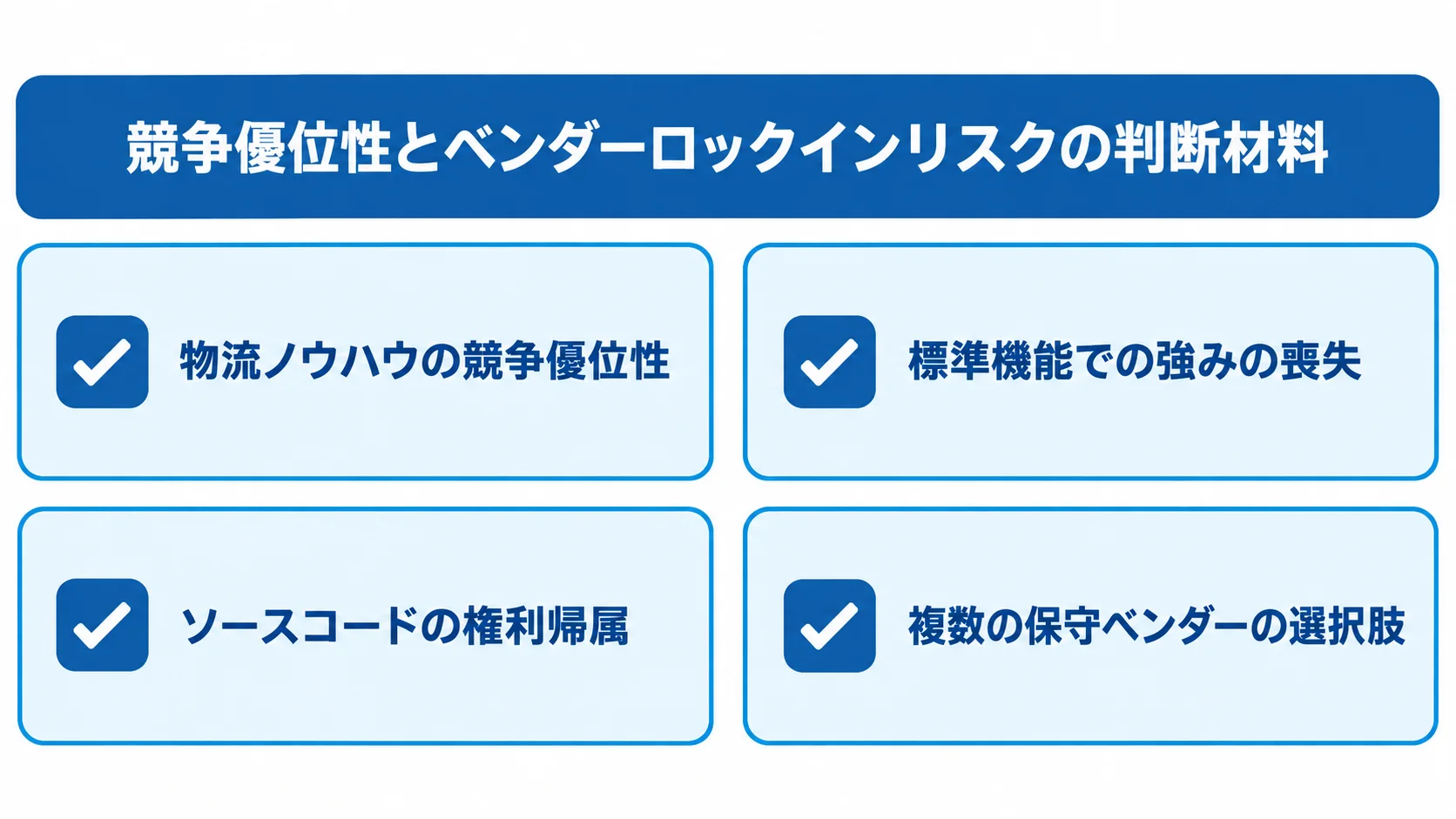物流ノウハウとベンダーロックインの判断材料 フルスクラッチの経営判断材料として、物流ノウハウの競争優位性と、標準機能での強みの喪失、ソースコードの権利帰属、複数の保守ベンダーの選択肢を並べた図です。