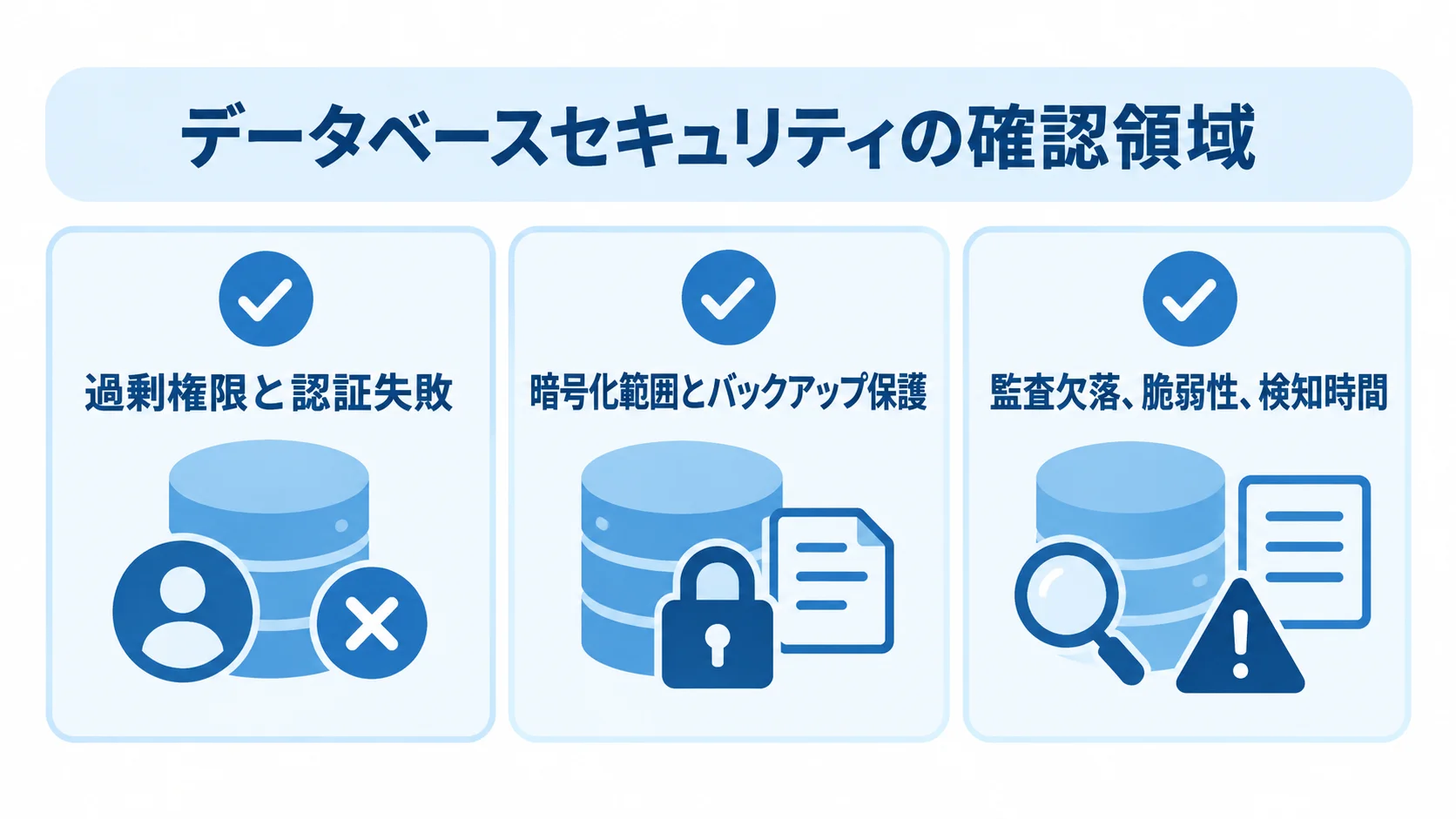 データベースセキュリティの評価項目 アクセス、保護、監視の観点に分けたデータベースセキュリティの確認項目