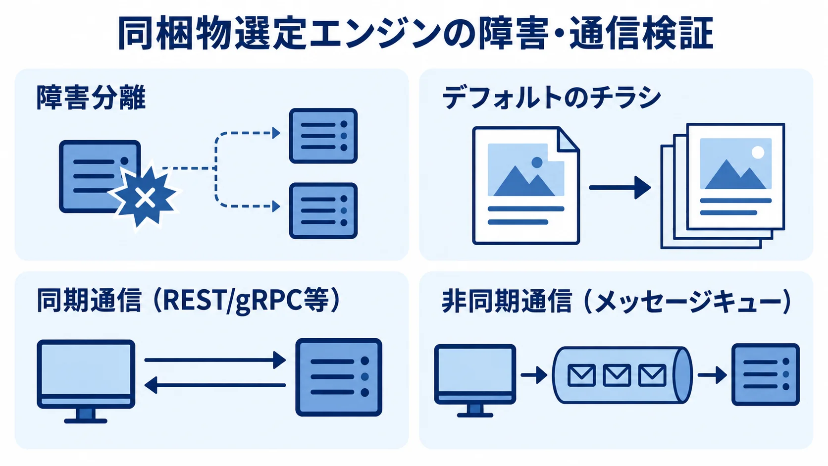 同梱物選定エンジンで確認する障害時の動作と通信方式 同梱物選定エンジンの障害分離と同期・非同期通信を示す4つの検証パネル。