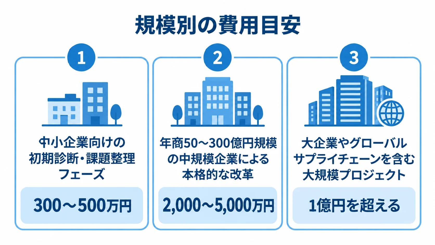 初期診断、中規模企業の改革、大規模プロジェクトを各費用目安と並べた3パネル図。