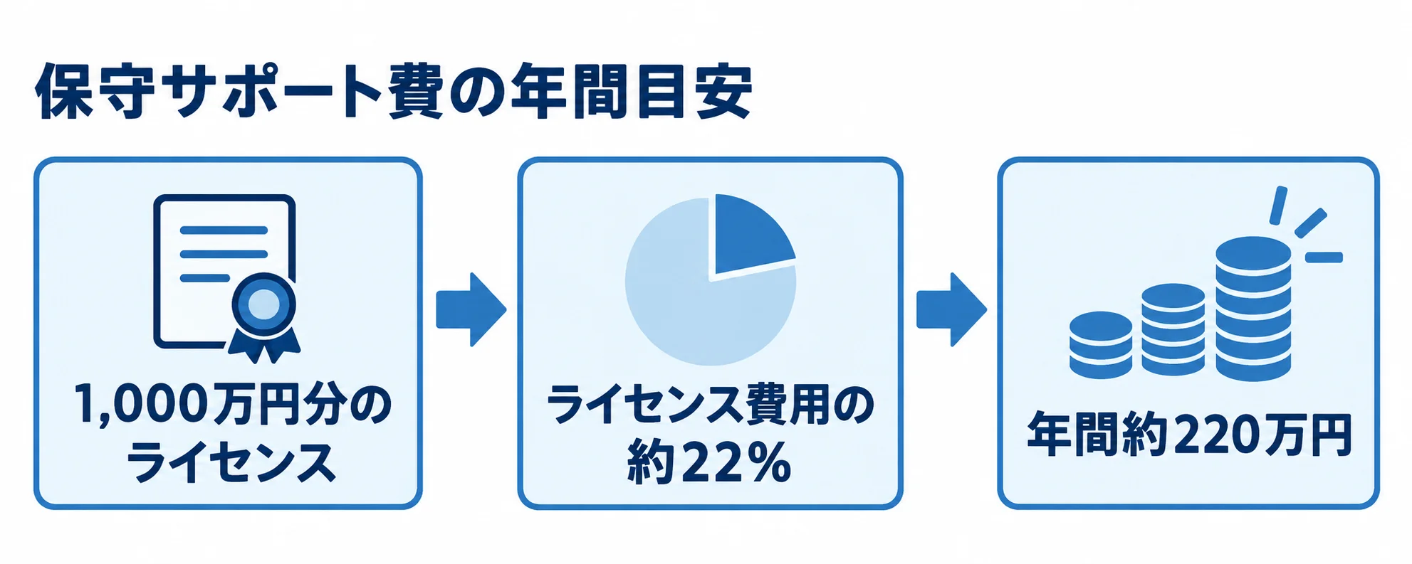 1,000万円分のライセンスに対する年間保守サポート費の目安を示す図解。