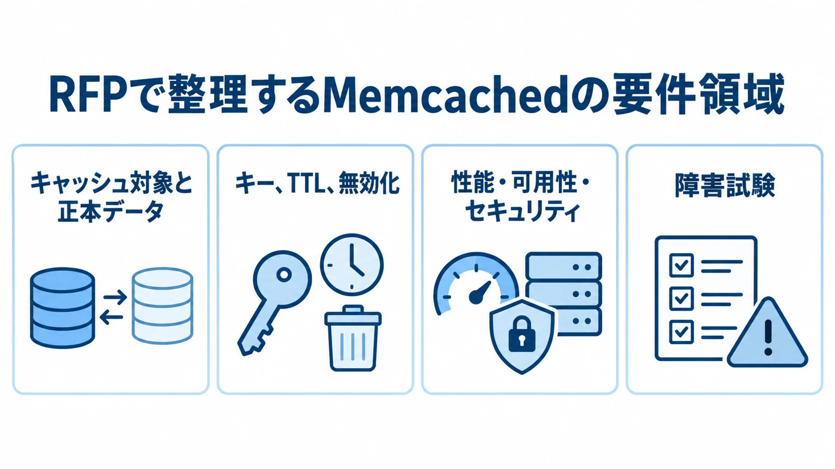 RFPで整理するMemcachedの要件領域を示す図 RFPで整理する要件領域をカードで示した図解。