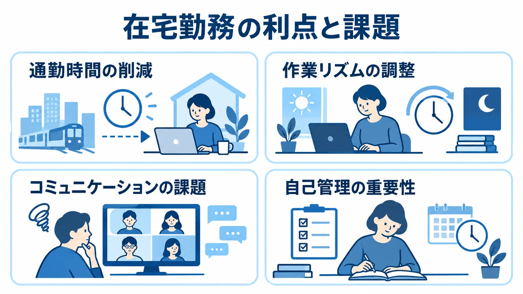 在宅勤務の利点として通勤時間の削減と作業リズムの調整、課題としてコミュニケーションと自己管理を示す4つのパネル。