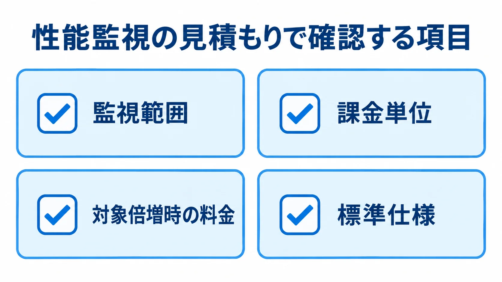 性能監視の見積もりでそろえる確認項目 性能監視の見積もりで監視範囲、課金単位、対象倍増時の料金、標準仕様を確認するチェックリスト。