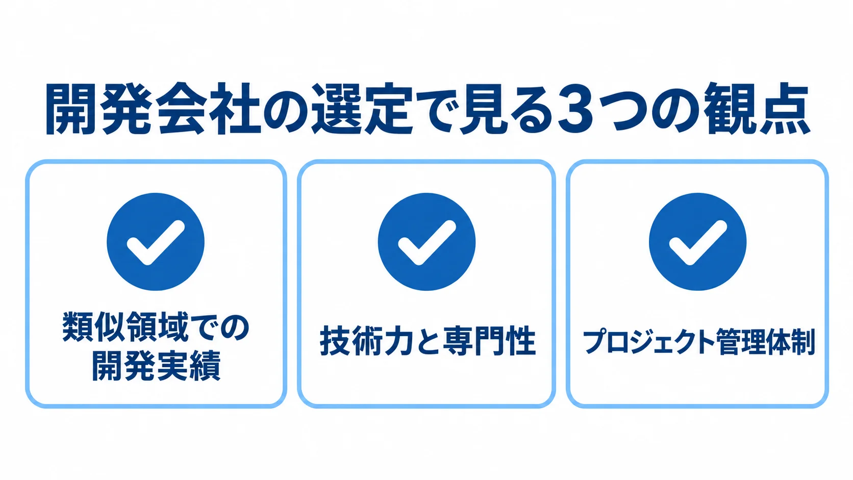 ナレッジマネジメント開発会社の選定観点 開発会社選びの確認項目として類似領域での開発実績、技術力と専門性、プロジェクト管理体制を示すチェックリスト